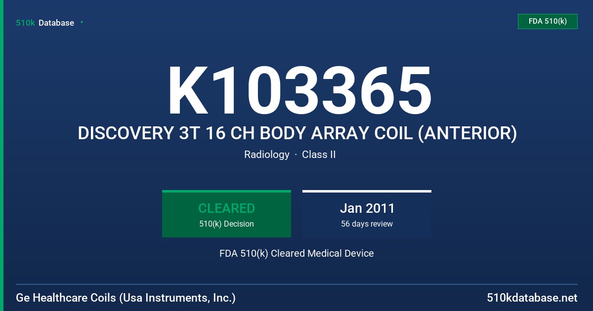 K103365 DISCOVERY 3T 16 CH BODY ARRAY COIL (ANTERIOR) FDA 510(k) Cleared Medical Device
