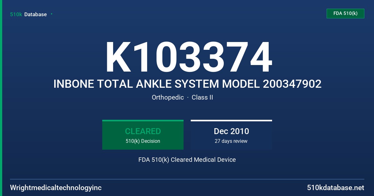 K103374 INBONE TOTAL ANKLE SYSTEM MODEL 200347902 FDA 510(k) Cleared Medical Device