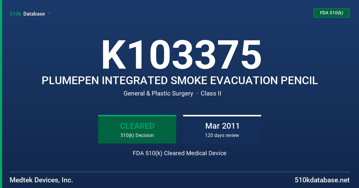 K103375 PLUMEPEN INTEGRATED SMOKE EVACUATION PENCIL FDA 510(k) Cleared Medical Device