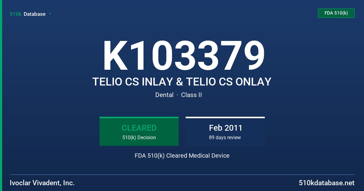 K103379 TELIO CS INLAY & TELIO CS ONLAY FDA 510(k) Cleared Medical Device