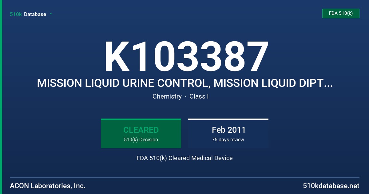 K103387 MISSION LIQUID URINE CONTROL, MISSION LIQUID DIPTUBE URINE CONTROL, MISSION DRY STRIP URINE CONTROL FDA 510(k) Cleared Medical Device