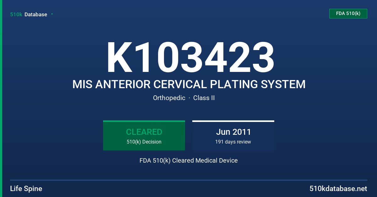 K103423 MIS ANTERIOR CERVICAL PLATING SYSTEM FDA 510(k) Cleared Medical Device
