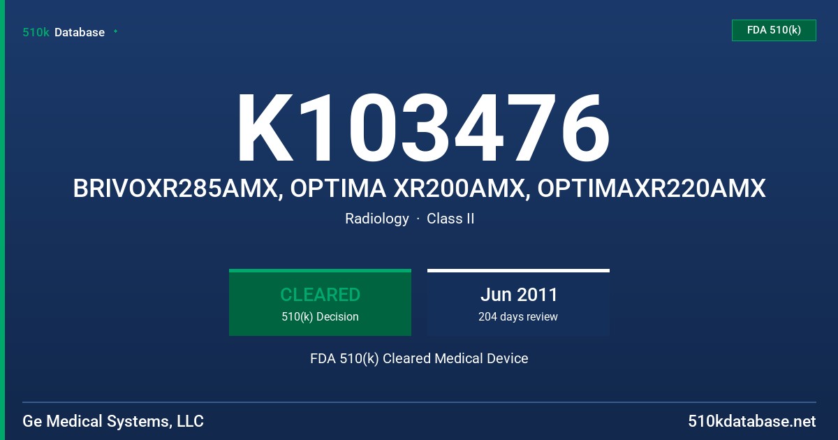 K103476 BRIVOXR285AMX, OPTIMA XR200AMX, OPTIMAXR220AMX FDA 510(k) Cleared Medical Device