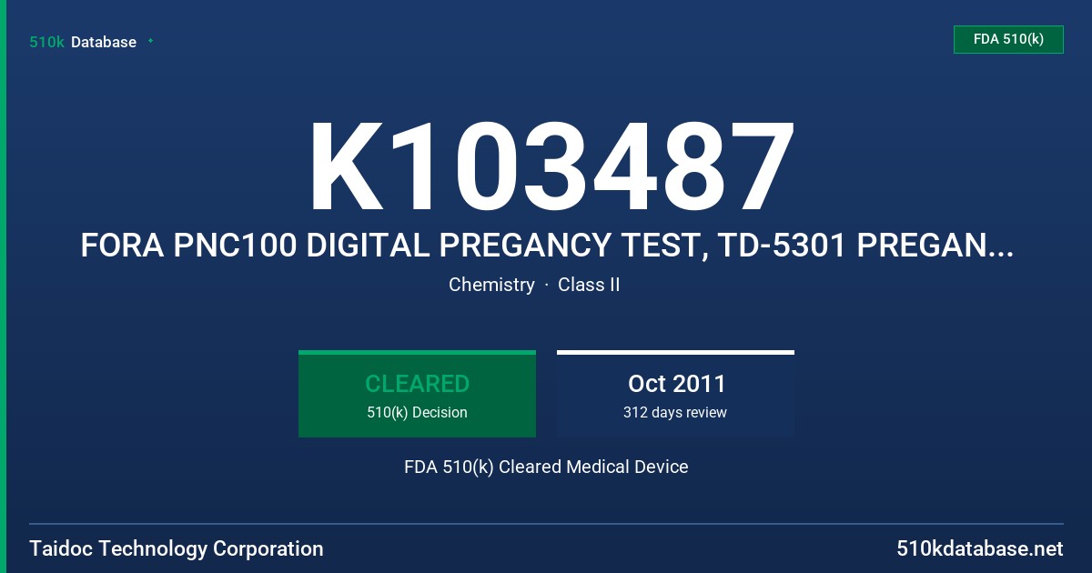 K103487 FORA PNC100 DIGITAL PREGANCY TEST, TD-5301 PREGANCY TEST FDA 510(k) Cleared Medical Device