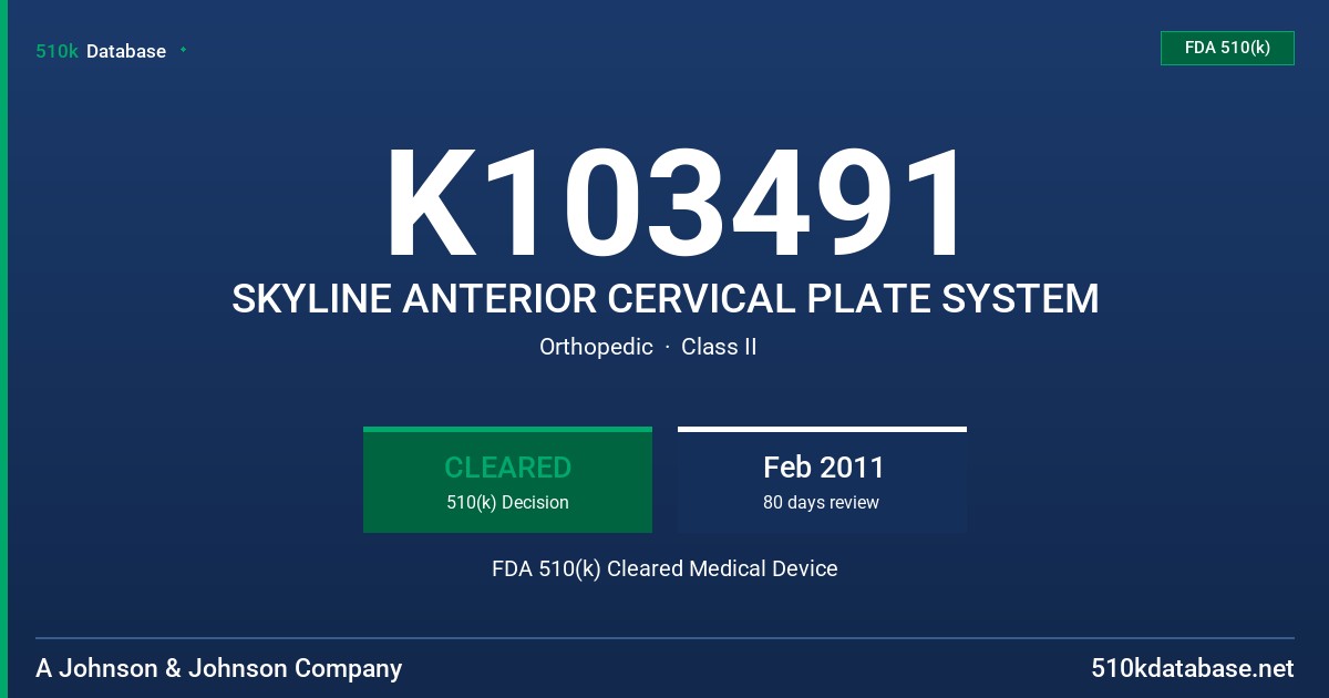 K103491 SKYLINE ANTERIOR CERVICAL PLATE SYSTEM FDA 510(k) Cleared Medical Device