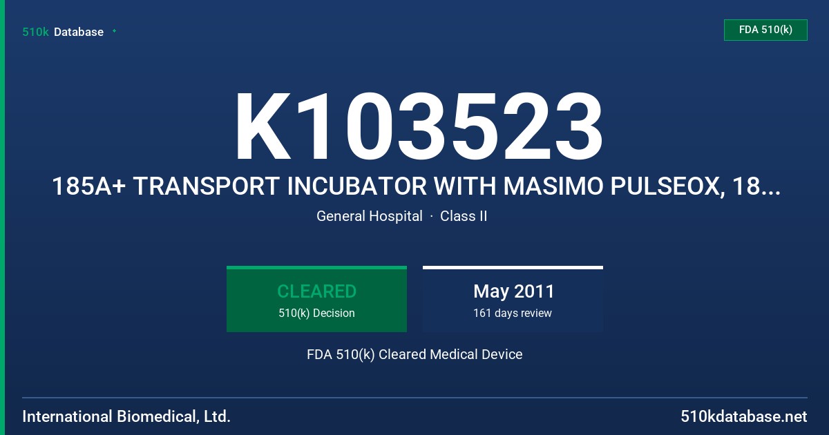 K103523 185A+ TRANSPORT INCUBATOR WITH MASIMO PULSEOX, 185A+ TRANSPORT INCUBATOR WITH NELLCOR PULSEOX FDA 510(k) Cleared Medical Device