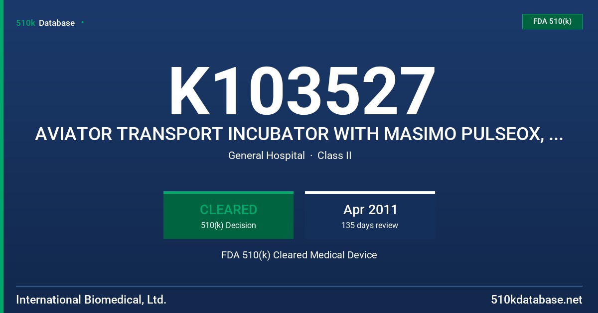 K103527 AVIATOR TRANSPORT INCUBATOR WITH MASIMO PULSEOX, AVIATOR TRANSPORT INCUBATOR WITH NELLCOR PULSEOX FDA 510(k) Cleared Medical Device