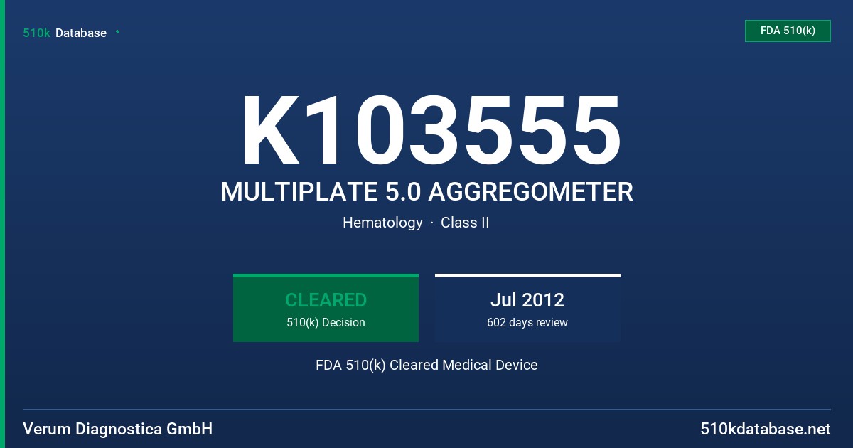 K103555 MULTIPLATE 5.0 AGGREGOMETER FDA 510(k) Cleared Medical Device