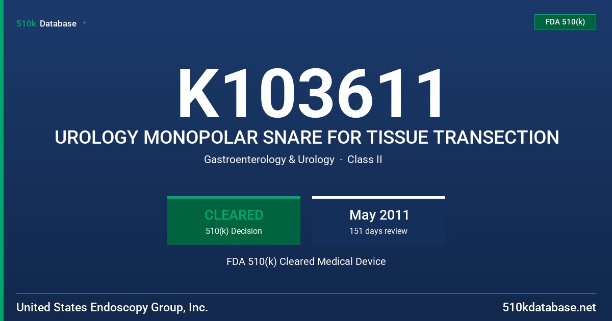 K103611 UROLOGY MONOPOLAR SNARE FOR TISSUE TRANSECTION FDA 510(k) Cleared Medical Device
