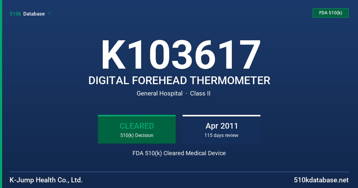 K103617 DIGITAL FOREHEAD THERMOMETER FDA 510(k) Cleared Medical Device