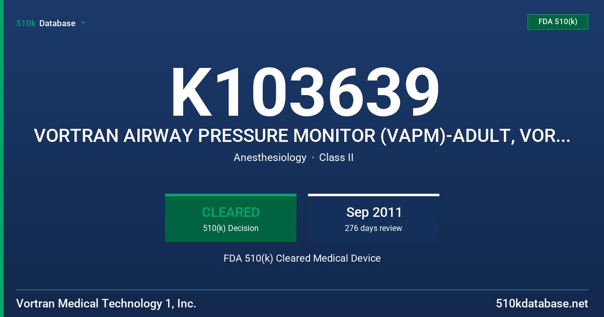 K103639 VORTRAN AIRWAY PRESSURE MONITOR (VAPM)-ADULT, VORTRAN AIRWAY PRESSURE MONITOR (VAPM)- PEDIATRIC FDA 510(k) Cleared Medical Device