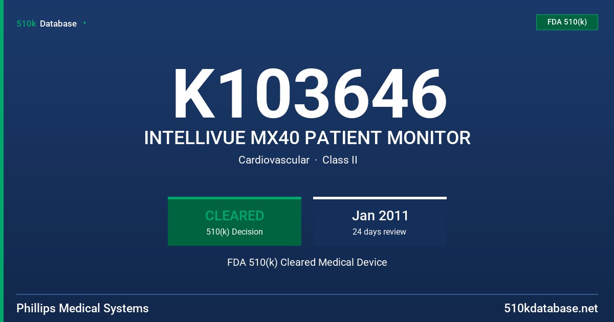 K103646 INTELLIVUE MX40 PATIENT MONITOR FDA 510(k) Cleared Medical Device