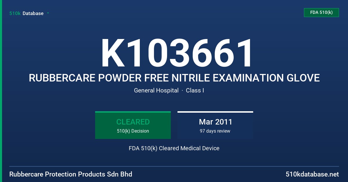 K103661 RUBBERCARE POWDER FREE NITRILE EXAMINATION GLOVE FDA 510(k) Cleared Medical Device
