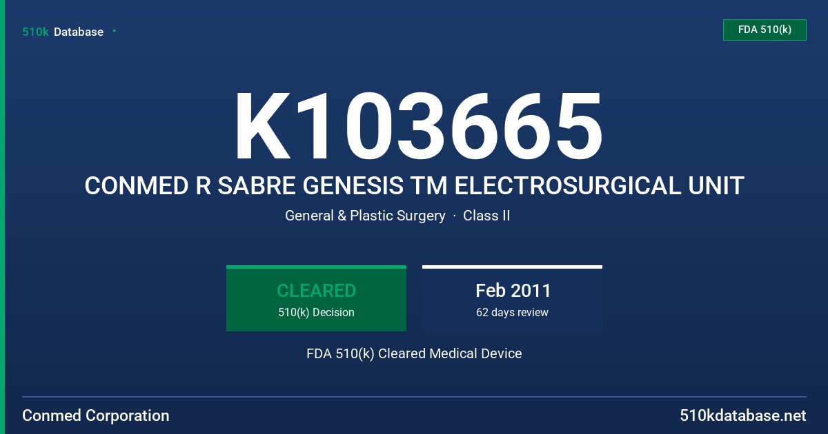 K103665 CONMED R SABRE GENESIS TM ELECTROSURGICAL UNIT FDA 510(k) Cleared Medical Device