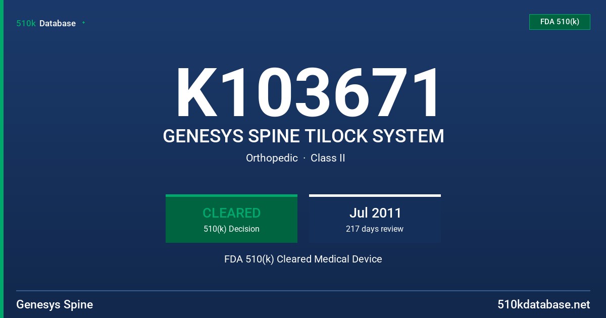 K103671 GENESYS SPINE TILOCK SYSTEM FDA 510(k) Cleared Medical Device