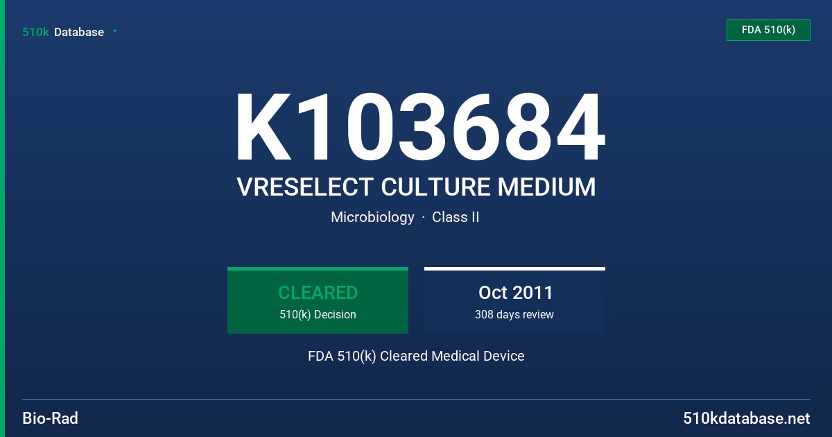 K103684 VRESELECT CULTURE MEDIUM FDA 510(k) Cleared Medical Device