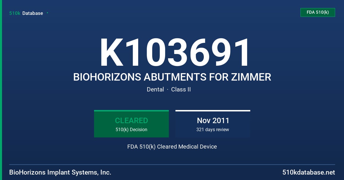 K103691 BIOHORIZONS ABUTMENTS FOR ZIMMER FDA 510(k) Cleared Medical Device