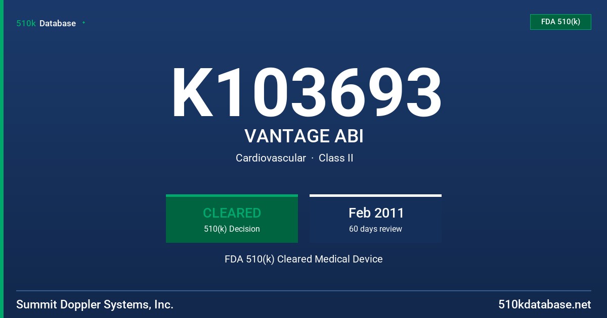 K103693 VANTAGE ABI FDA 510(k) Cleared Medical Device