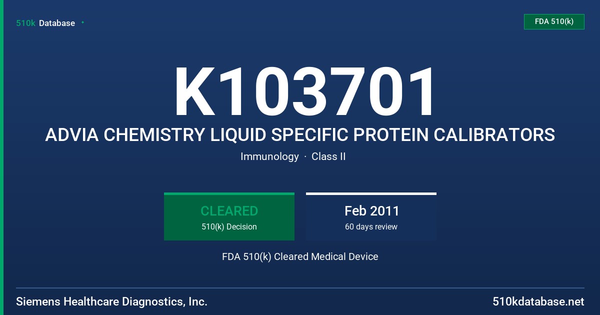 K103701 ADVIA CHEMISTRY LIQUID SPECIFIC PROTEIN CALIBRATORS FDA 510(k) Cleared Medical Device