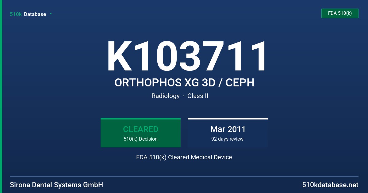 K103711 ORTHOPHOS XG 3D / CEPH FDA 510(k) Cleared Medical Device