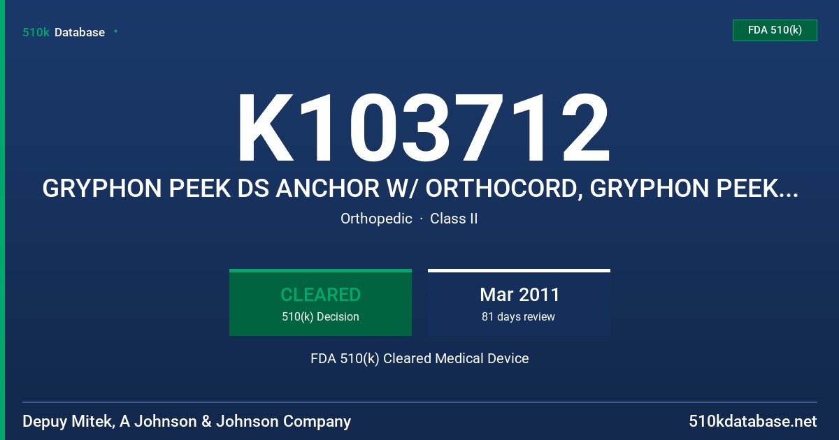 K103712 GRYPHON PEEK DS ANCHOR W/ ORTHOCORD, GRYPHON PEEK ANCHOR W/ ORTHOCORD FDA 510(k) Cleared Medical Device