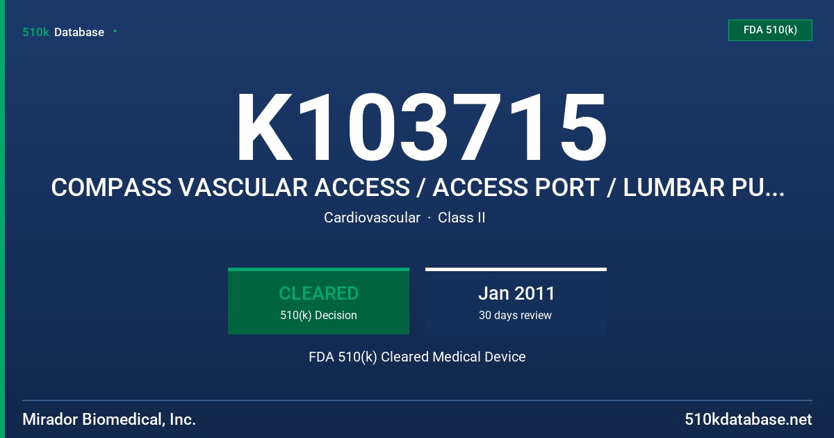 K103715 COMPASS VASCULAR ACCESS / ACCESS PORT / LUMBAR PUNCTURE / INTRACRANIAL PRESSURE FDA 510(k) Cleared Medical Device