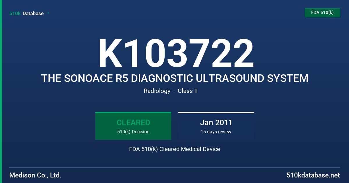 K103722 THE SONOACE R5 DIAGNOSTIC ULTRASOUND SYSTEM FDA 510(k) Cleared Medical Device