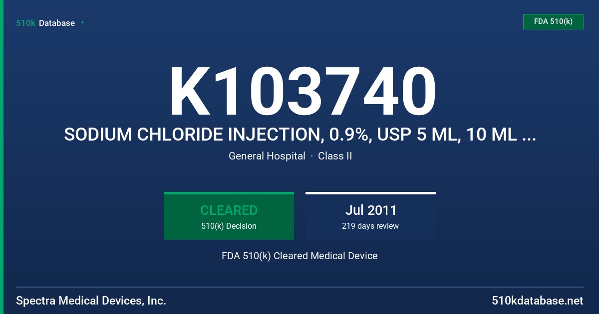 K103740 SODIUM CHLORIDE INJECTION, 0.9%, USP 5 ML, 10 ML AMPULE FDA 510(k) Cleared Medical Device