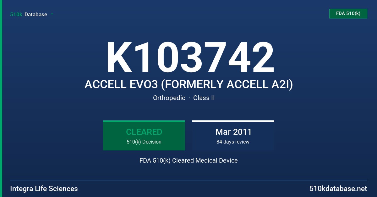 K103742 ACCELL EVO3 (FORMERLY ACCELL A2I) FDA 510(k) Cleared Medical Device