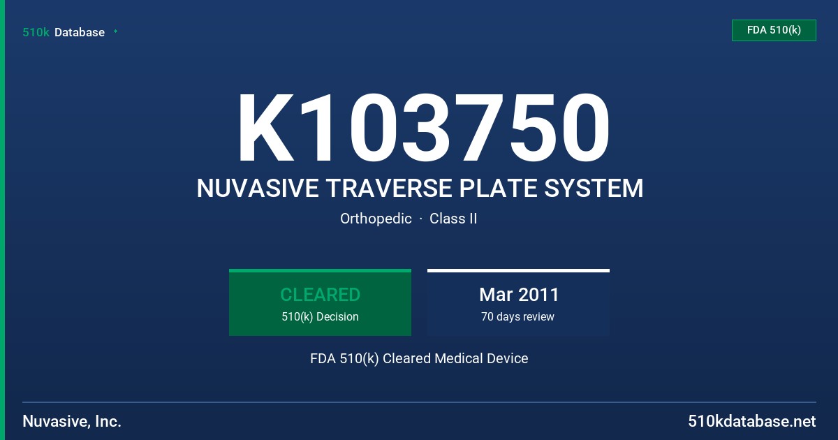 K103750 NUVASIVE TRAVERSE PLATE SYSTEM FDA 510(k) Cleared Medical Device