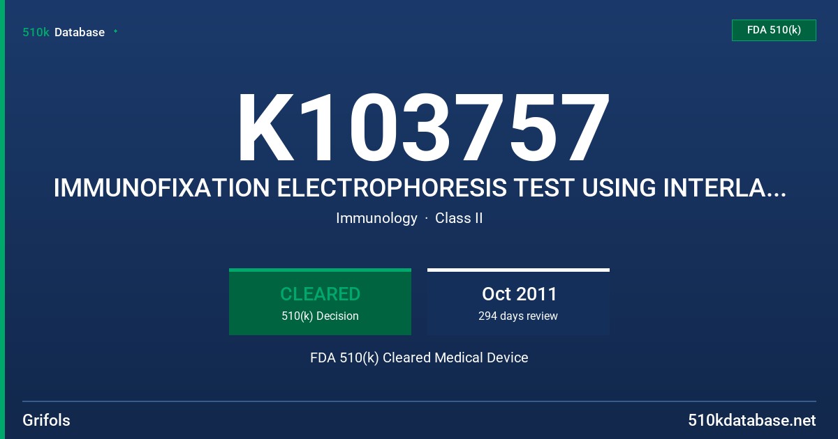 K103757 IMMUNOFIXATION ELECTROPHORESIS TEST USING INTERLAB G26 INSTRUMENT FDA 510(k) Cleared Medical Device