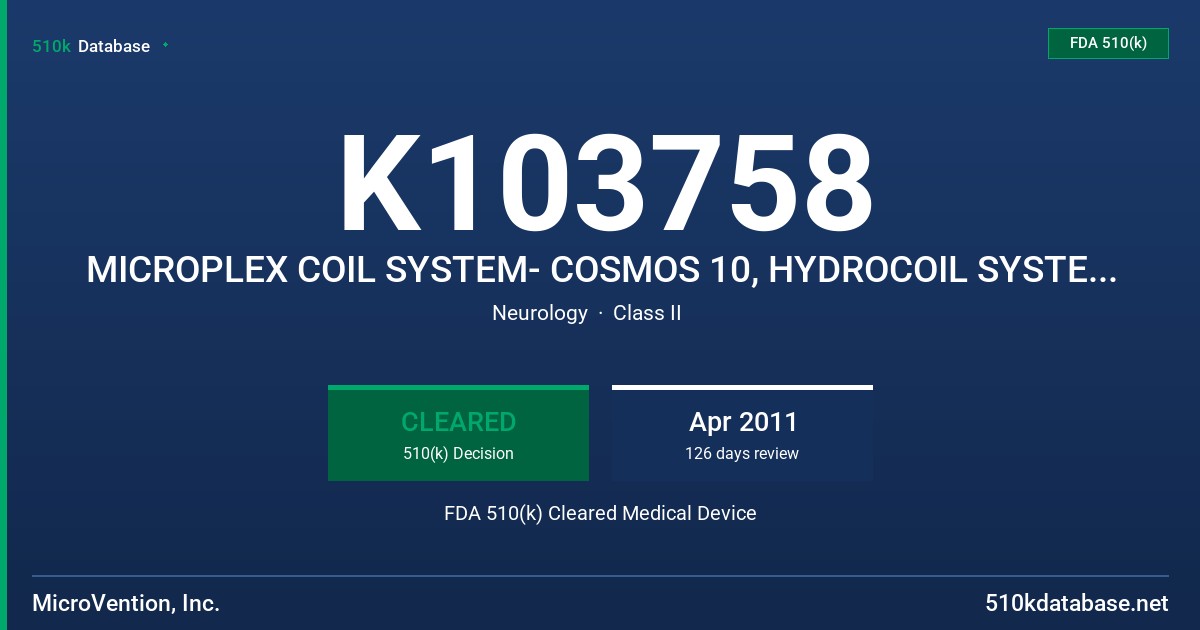 K103758 MICROPLEX COIL SYSTEM- COSMOS 10, HYDROCOIL SYSTEM- HYDROFRAME 10 FDA 510(k) Cleared Medical Device