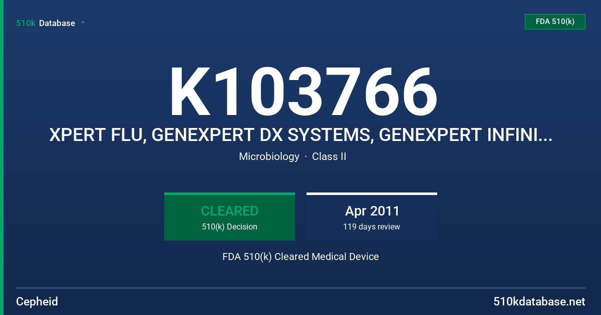 K103766 XPERT FLU, GENEXPERT DX SYSTEMS, GENEXPERT INFINITY SYSTEM, GENEXPERT SYSTEM SOFTWARE VERISIONS 2.1 AND 4.0 FDA 510(k) Cleared Medical Device