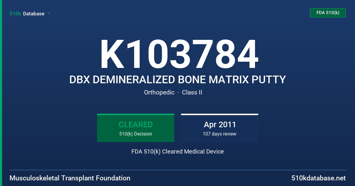 K103784 DBX DEMINERALIZED BONE MATRIX PUTTY FDA 510(k) Cleared Medical Device