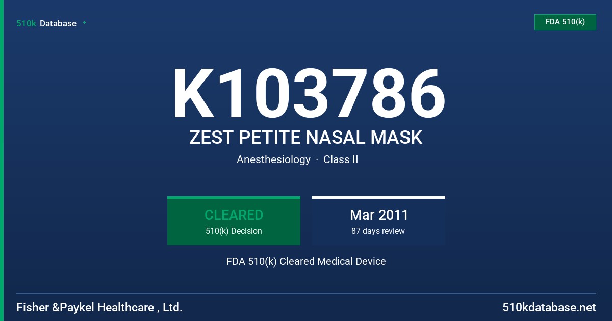 K103786 ZEST PETITE NASAL MASK FDA 510(k) Cleared Medical Device