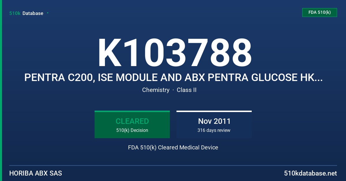 K103788 PENTRA C200, ISE MODULE AND ABX PENTRA GLUCOSE HK CP REAGENT FDA 510(k) Cleared Medical Device