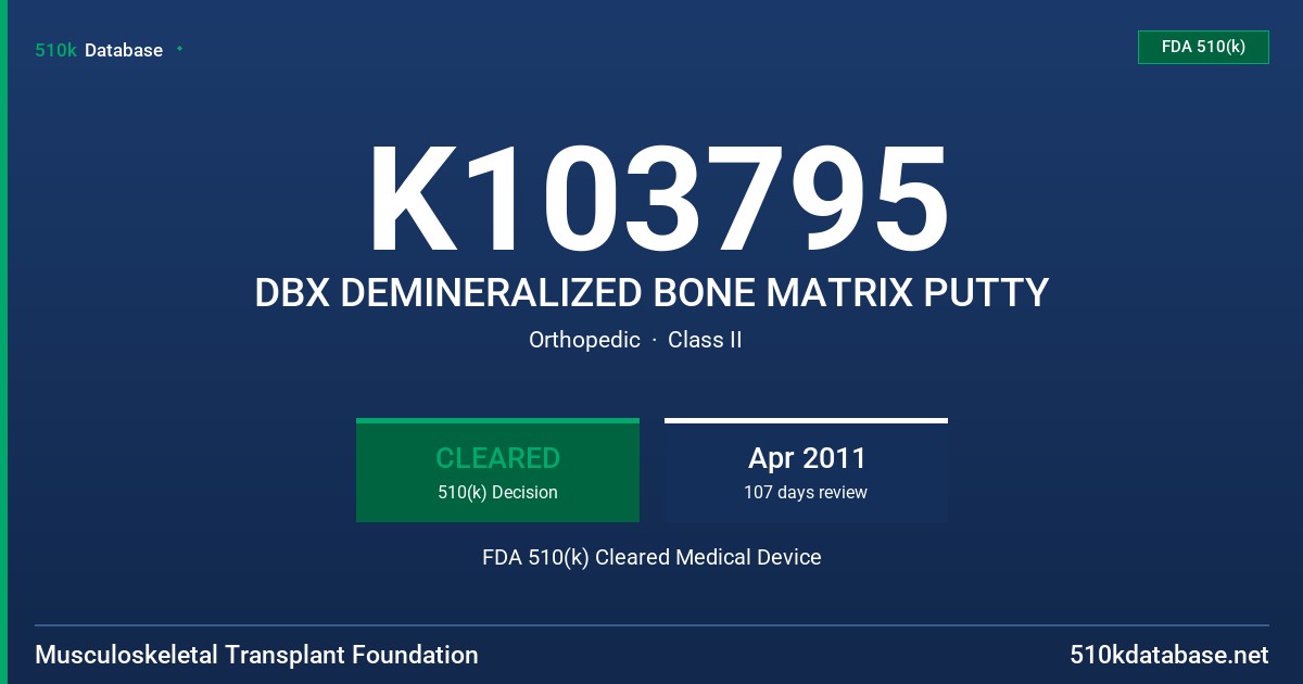 K103795 DBX DEMINERALIZED BONE MATRIX PUTTY FDA 510(k) Cleared Medical Device