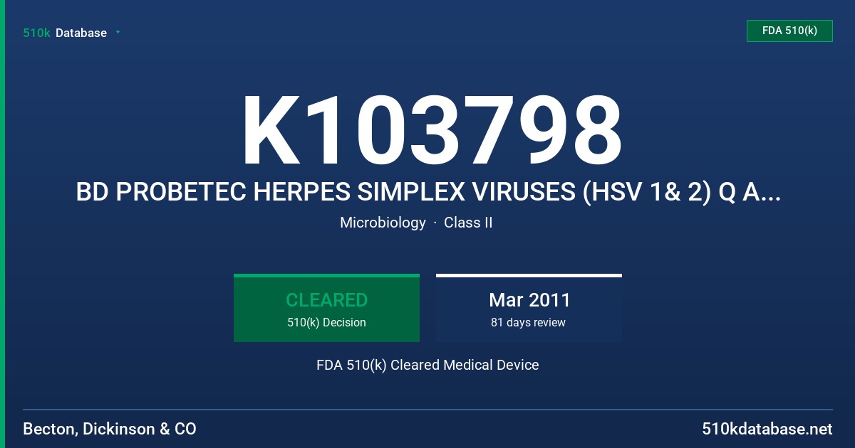 K103798 BD PROBETEC HERPES SIMPLEX VIRUSES (HSV 1& 2) Q AMPLIFIED DNA ASSAYS FDA 510(k) Cleared Medical Device
