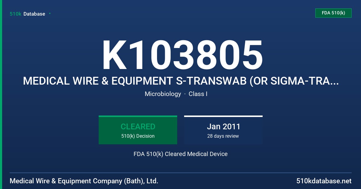 K103805 MEDICAL WIRE & EQUIPMENT S-TRANSWAB (OR SIGMA-TRANSWAB) LIQUID AMIES COLLECTION AND TRANSPORT DEVICE FDA 510(k) Cleared Medical Device