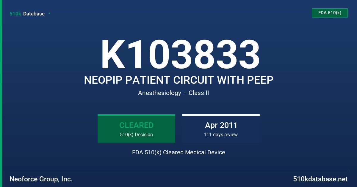 K103833 NEOPIP PATIENT CIRCUIT WITH PEEP FDA 510(k) Cleared Medical Device