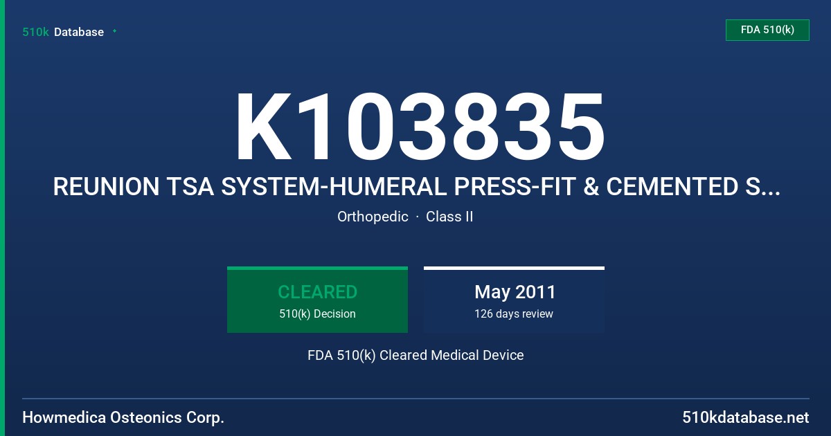 K103835 REUNION TSA SYSTEM-HUMERAL PRESS-FIT & CEMENTED STEMS MODEL 5569-YY-20XX (YY=P,C FDA 510(k) Cleared Medical Device