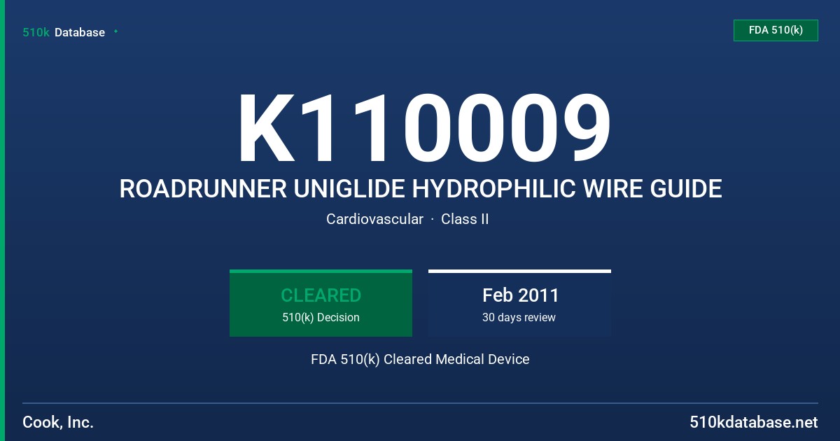 K110009 ROADRUNNER UNIGLIDE HYDROPHILIC WIRE GUIDE FDA 510(k) Cleared Medical Device