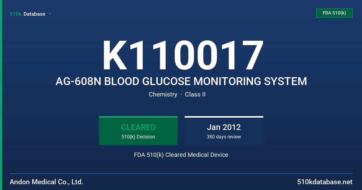 K110017 AG-608N BLOOD GLUCOSE MONITORING SYSTEM FDA 510(k) Cleared Medical Device