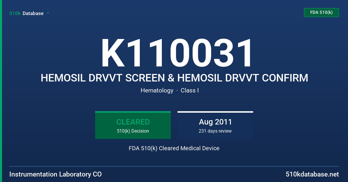 K110031 HEMOSIL DRVVT SCREEN & HEMOSIL DRVVT CONFIRM FDA 510(k) Cleared Medical Device