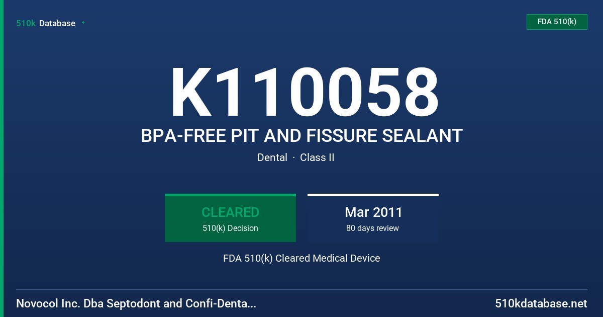 K110058 BPA-FREE PIT AND FISSURE SEALANT FDA 510(k) Cleared Medical Device