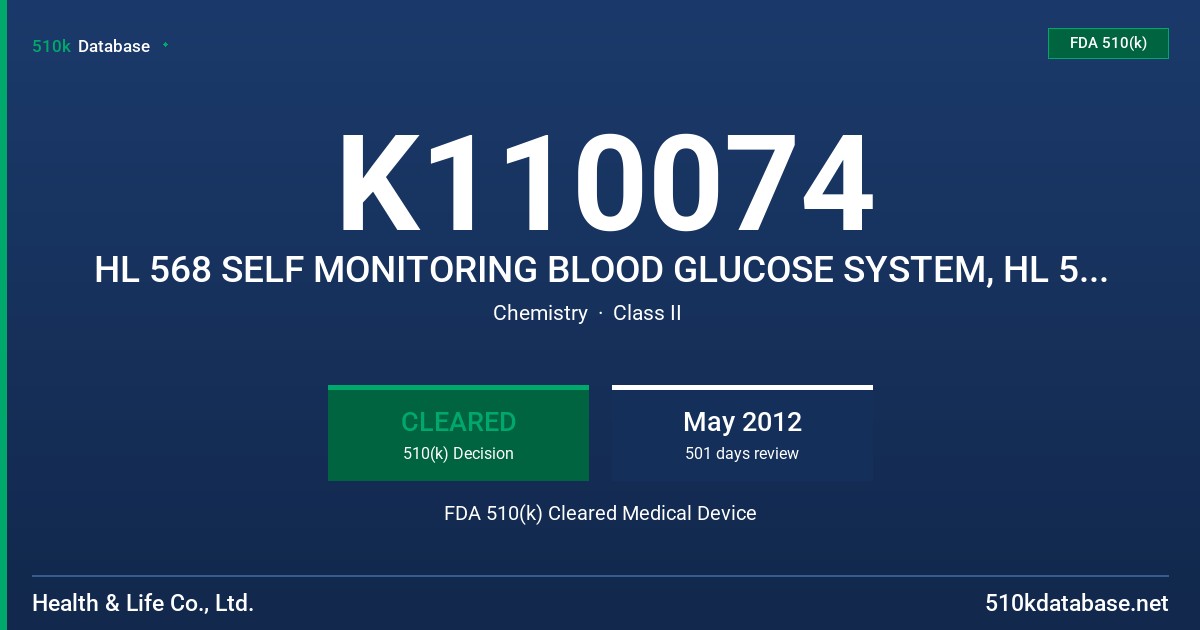 K110074 HL 568 SELF MONITORING BLOOD GLUCOSE SYSTEM, HL 568BA SELF-MONIROTING BLOOD GLUCOSE SYSTEM FDA 510(k) Cleared Medical Device