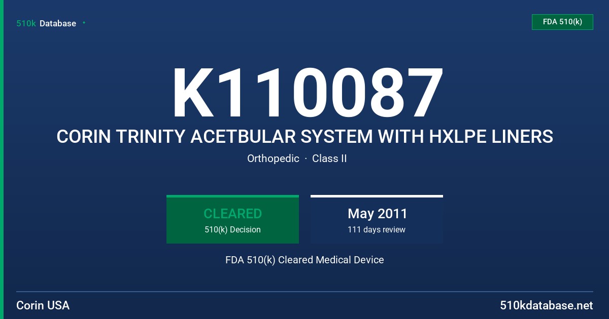 K110087 CORIN TRINITY ACETBULAR SYSTEM WITH HXLPE LINERS FDA 510(k) Cleared Medical Device