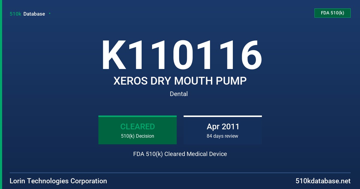 K110116 XEROS DRY MOUTH PUMP FDA 510(k) Cleared Medical Device