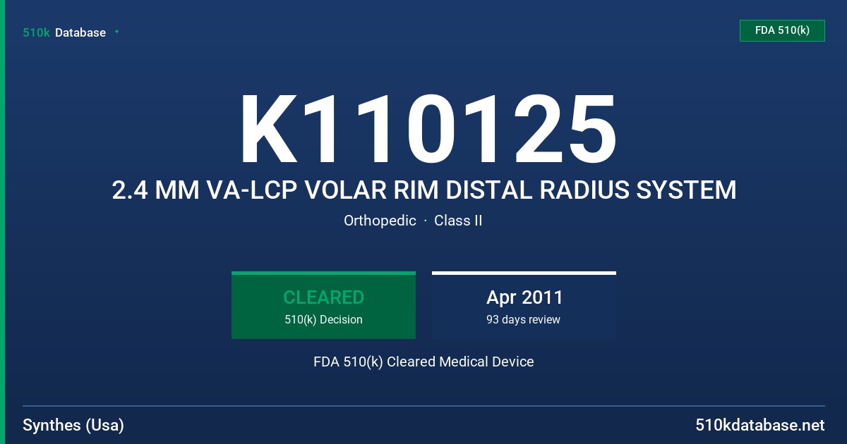 K110125 2.4 MM VA-LCP VOLAR RIM DISTAL RADIUS SYSTEM FDA 510(k) Cleared Medical Device