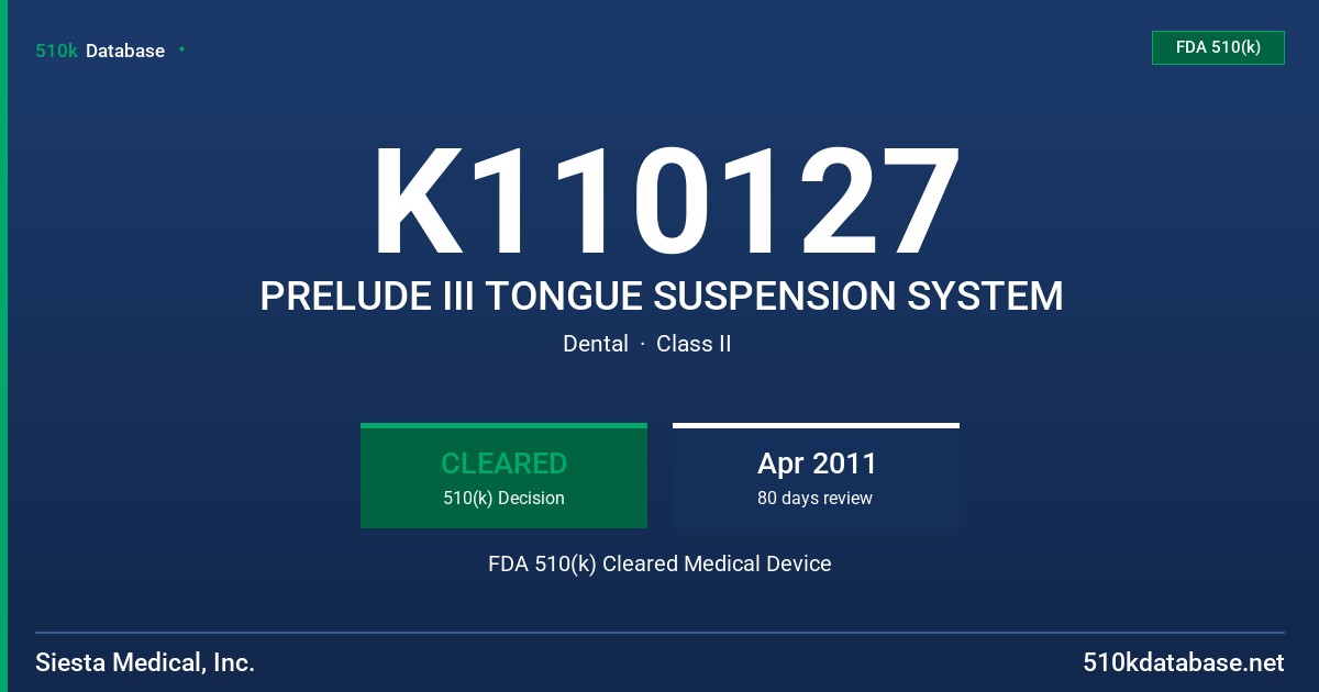 K110127 PRELUDE III TONGUE SUSPENSION SYSTEM FDA 510(k) Cleared Medical Device